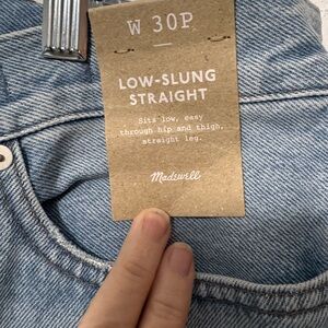 Madewell Low-Slung Straight Jeans in Seville Blue with crossover button closure